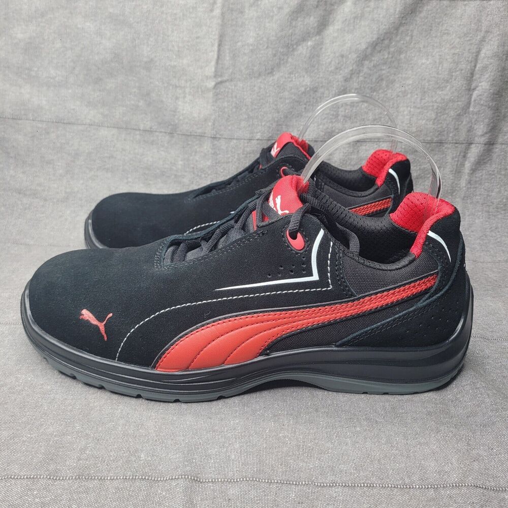 PUMA Safety Touring Black Suede W/ Red, Low Top, ASTM EH Size 9.5 Slip Resistant